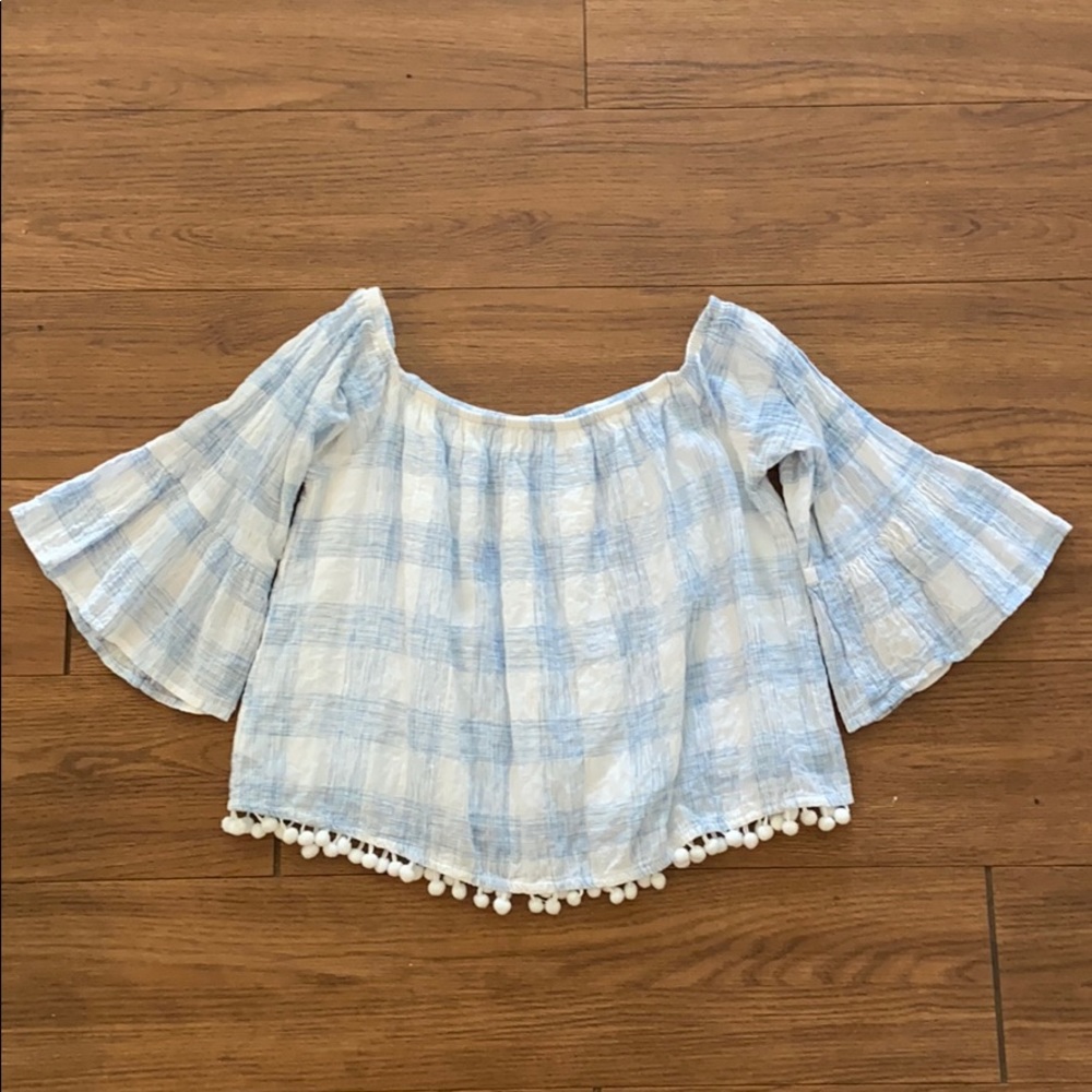 South Moon Under Plaid Grid Pom Pom Top XS
